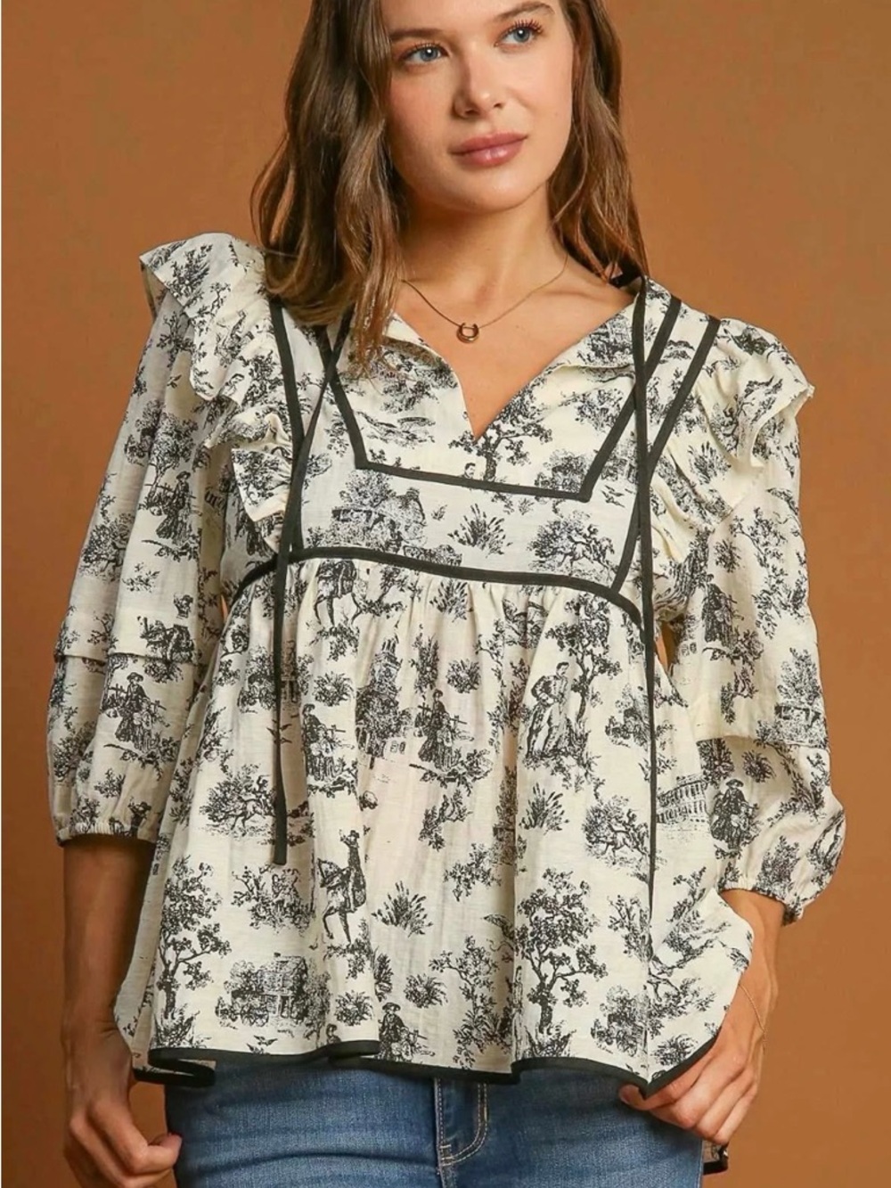 Umgee Classic Ruffle Peasant Top in Cream on Black Toile w Contrast Piping